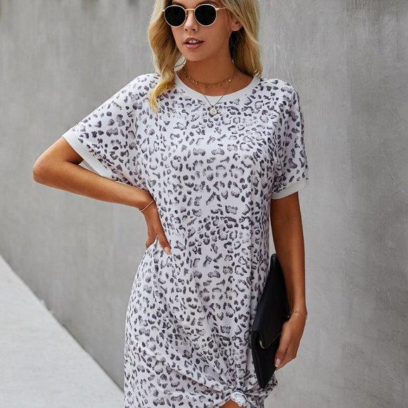 Shein T-Shirt Dress Medium White Animal Cheetah Leopard Print Women Short Sleeve - Picture 2 of 4